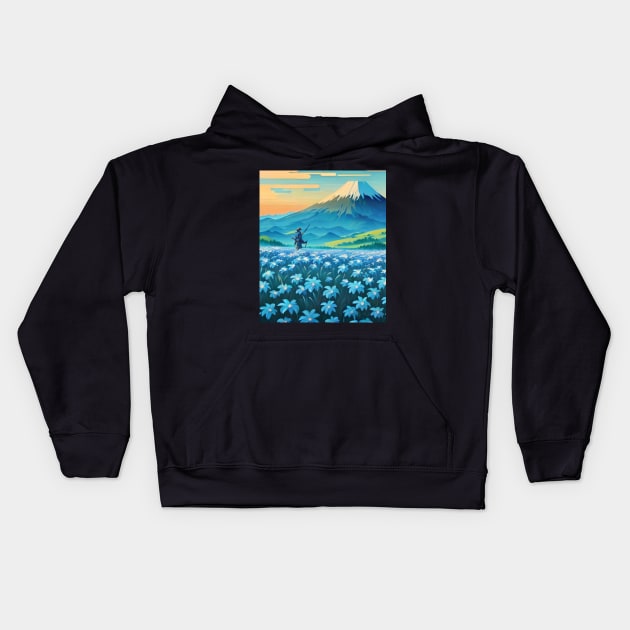 Journey To Mount Fuji - Samurai and Blue Kids Hoodie by AnimeVision